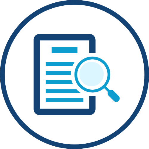 Cartoon icon of document with magnifying glass
