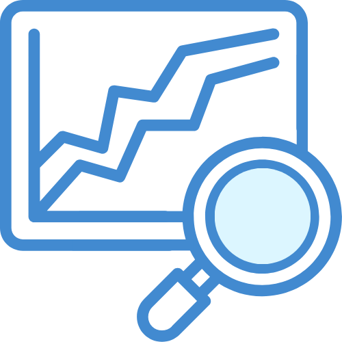 Cartoon icon of growing graph and magnifying glass