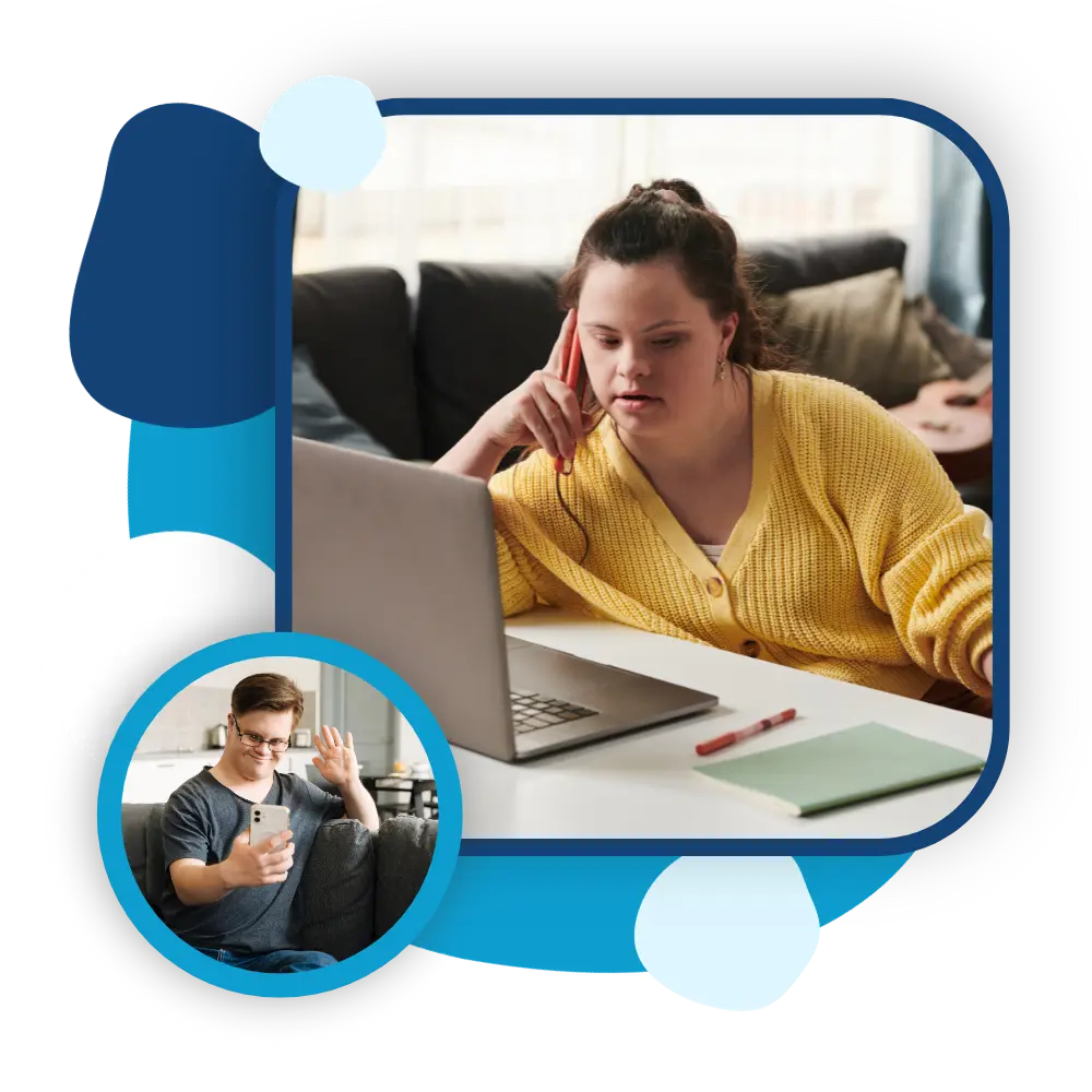 Two images; 1 image of disabled woman with down syndrome sitting in front of laptop making phone call. Image 2 of disabled man with down syndrome on mobile video call waving at camera