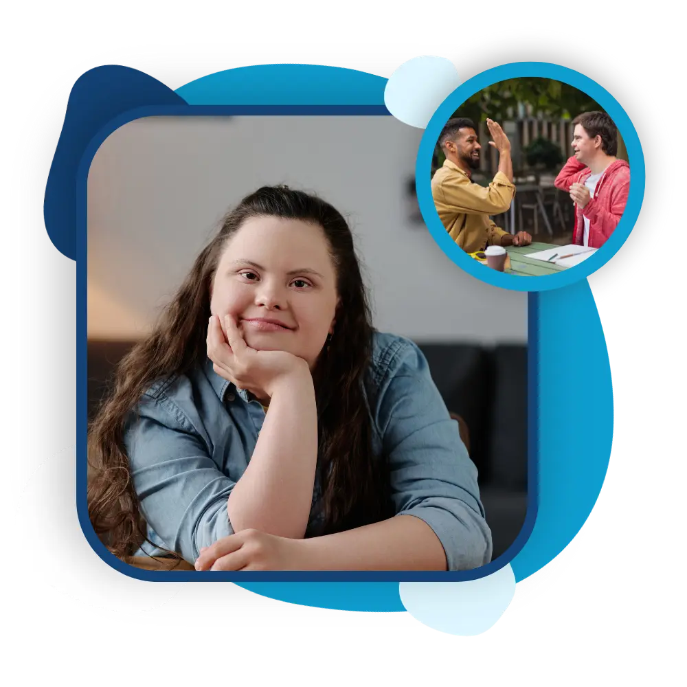 Two images; image 1 of happy disabled girl with down syndrome resting chin in hand and smiling at camera. Image 2 of disabled man with down syndrome high fiving support worker