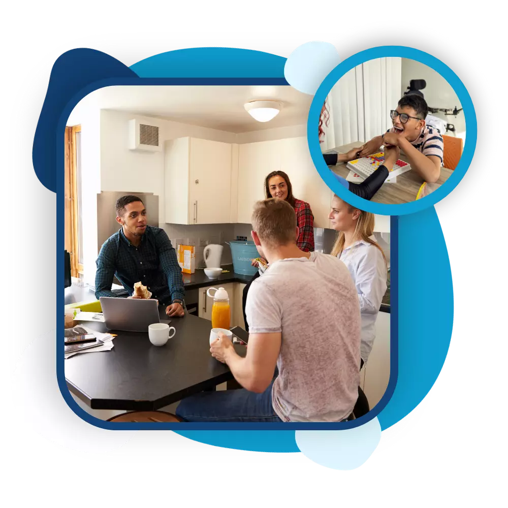 Two images; image 1 of group of multicultural people in kitchen casually talking. Image 2 of disabled boy playing game with support worker