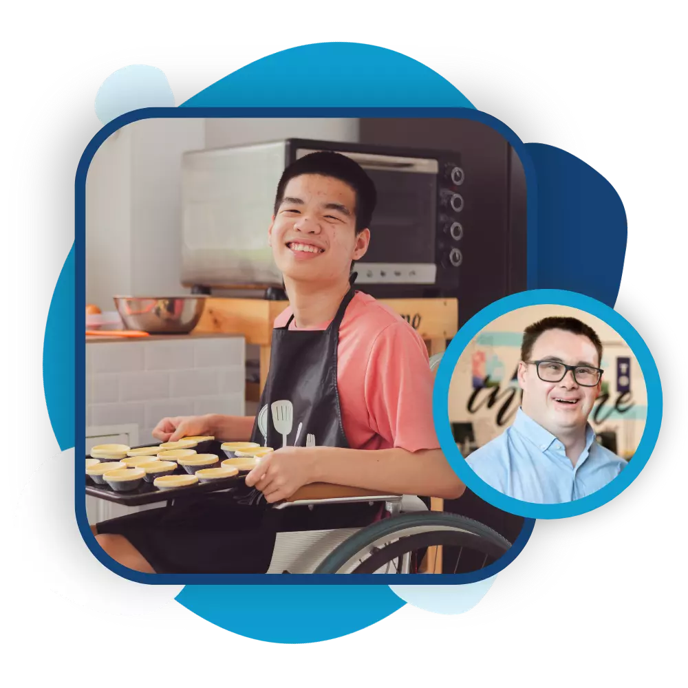 Two images; one image of disabled man in wheelchair baking in kitchen and smiling at camera. Image 2 of disabled man with down syndrome smiling at camera