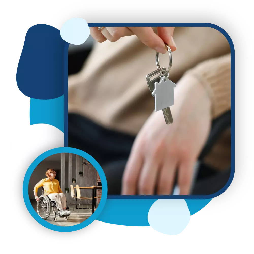Two images; 1 close up of woman holding new house keys. Second image of woman in wheelchair in dining room at home