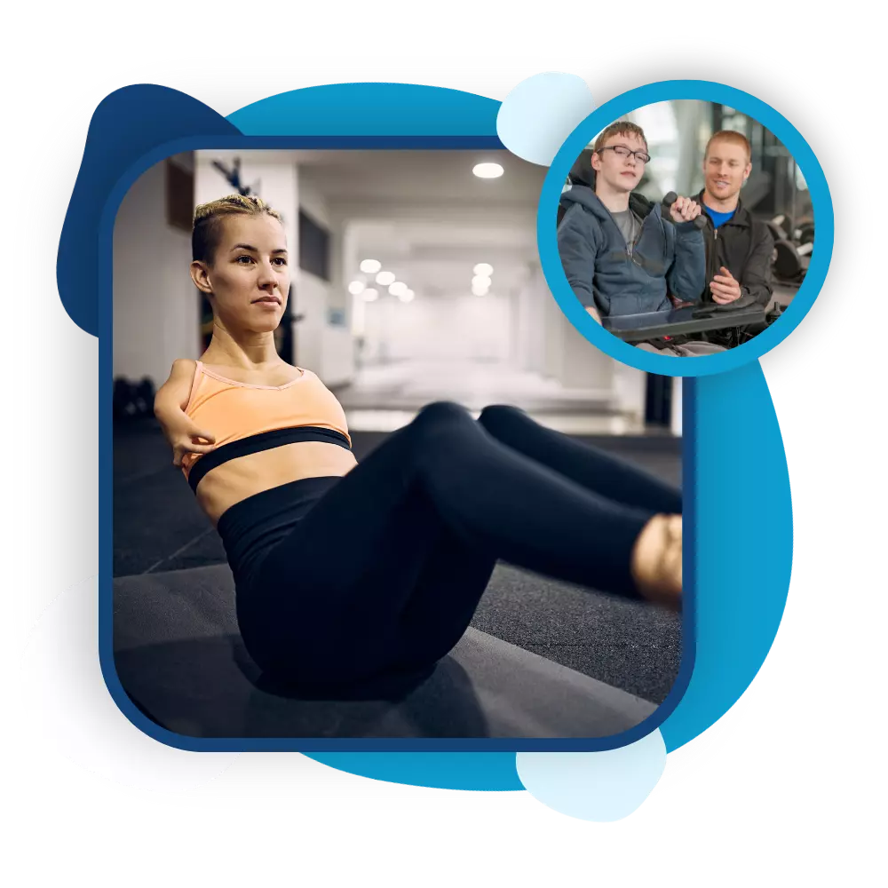 Two images; 1 of disabled amputee woman doing ab exercises at the gym. Image 2 of disabled man in wheelchair holding hand weight in gym with personal trainer