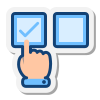 Cartoon icon of hand with index finger choosing one of two boxes